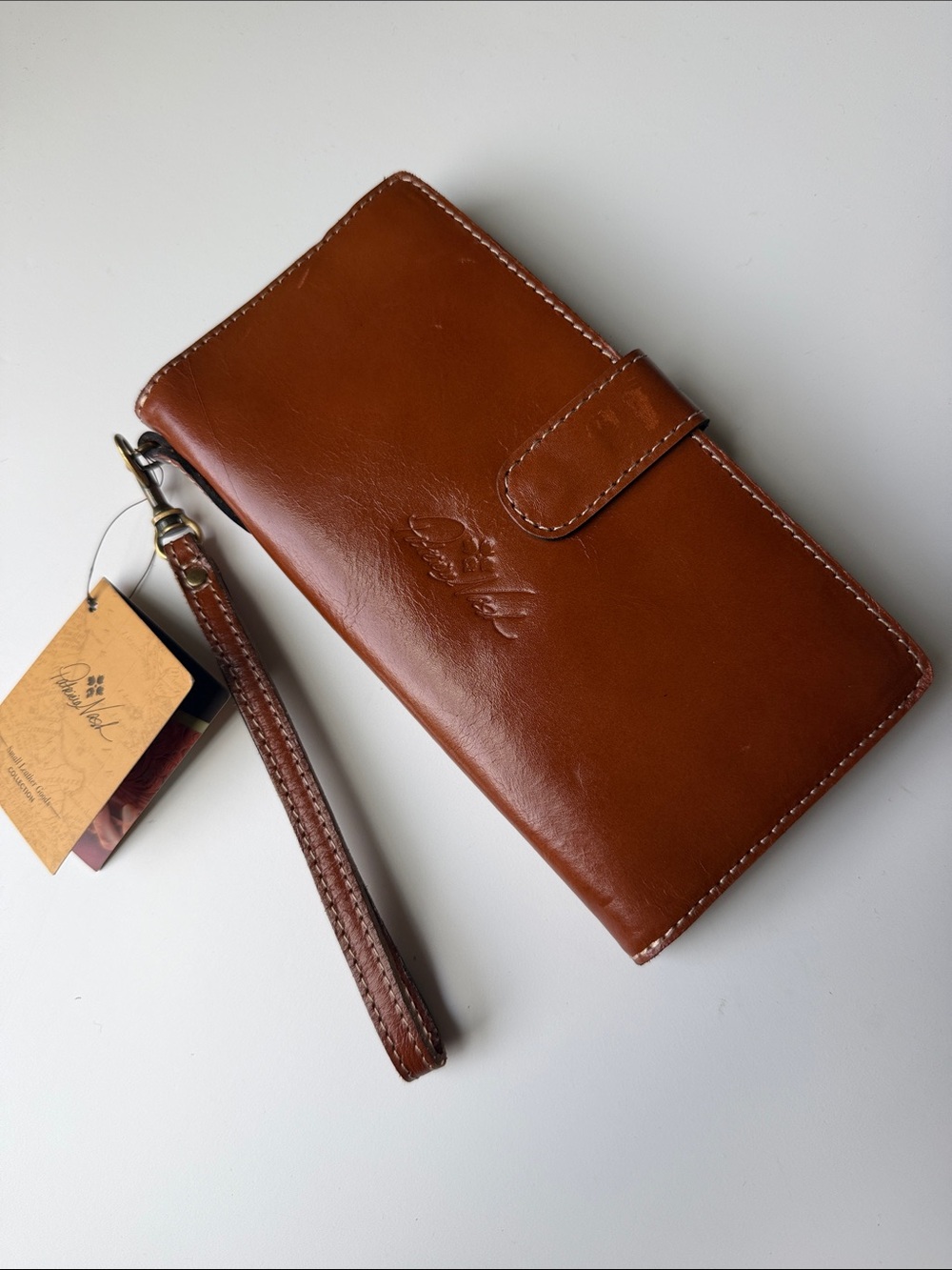 Patricia Nash Cognac Brown Leather Wristlet Wallet with Strap
